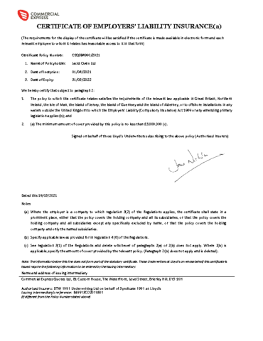 Employers Liability Certificate DTW2019